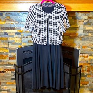 Black dress, white circle jacket